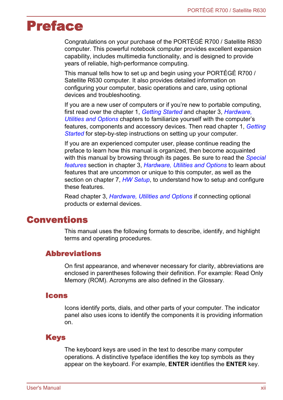 Preface, Conventions, Abbreviations | Icons, Keys | Toshiba PORTEGE R700 User Manual | Page 12 / 191