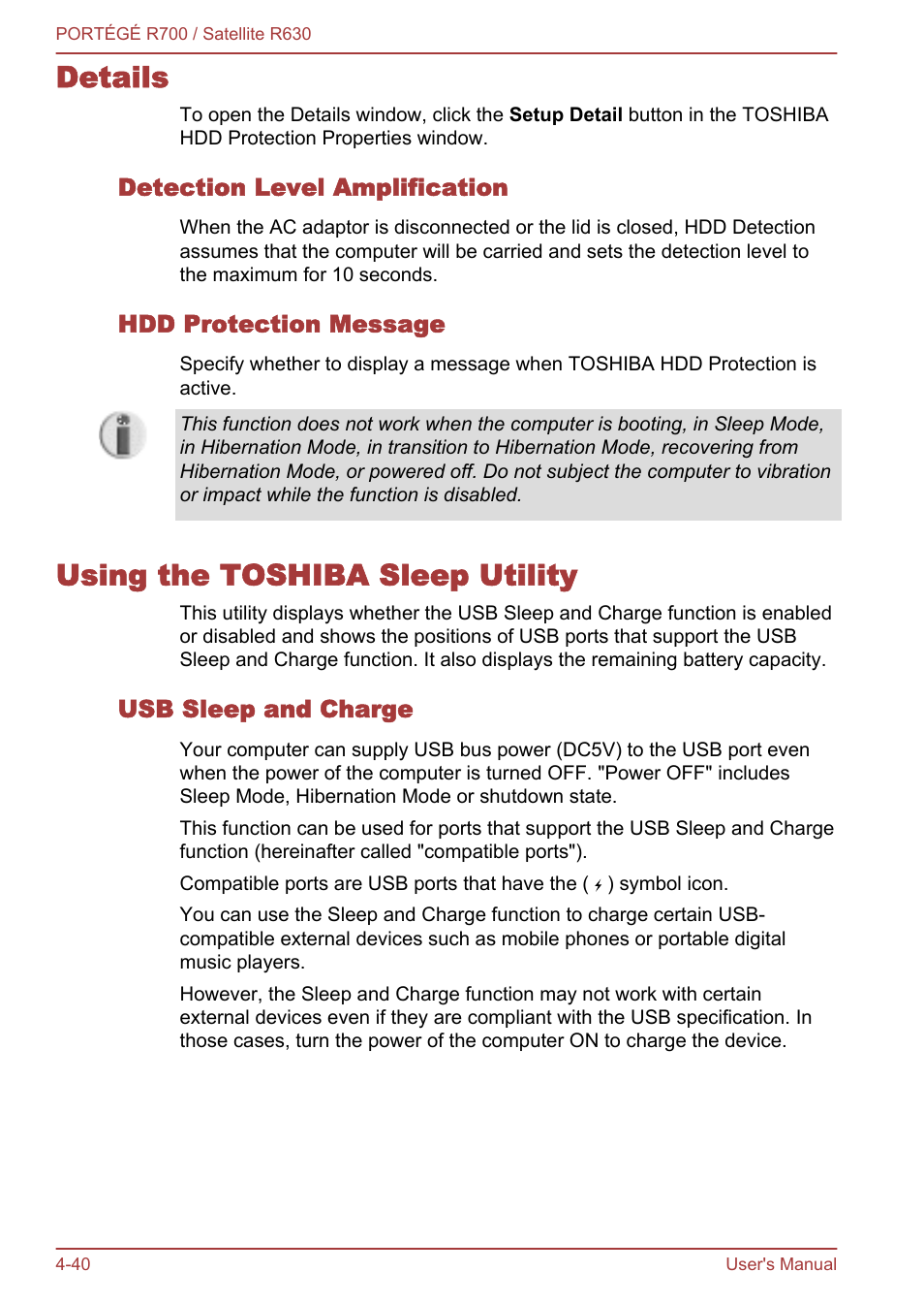 Details, Detection level amplification, Hdd protection message | Using the toshiba sleep utility, Usb sleep and charge, Details -40 using the toshiba sleep utility -40, More information, please refer to the, Using the, Toshiba sleep utility | Toshiba PORTEGE R700 User Manual | Page 120 / 191