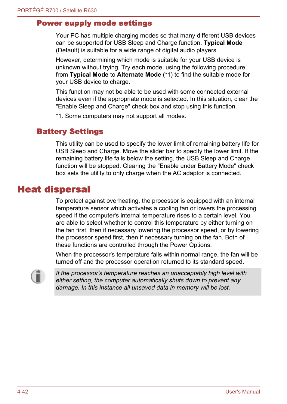 Power supply mode settings, Battery settings, Heat dispersal | Heat dispersal -42 | Toshiba PORTEGE R700 User Manual | Page 122 / 191