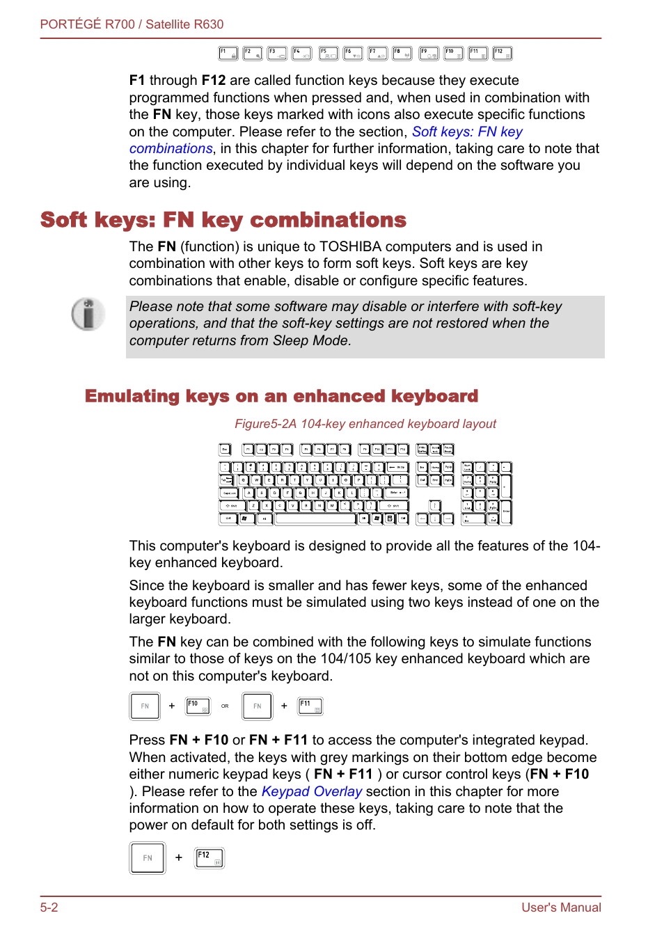 Soft keys: fn key combinations, Emulating keys on an enhanced keyboard, Soft keys: fn key combinations -2 | Toshiba PORTEGE R700 User Manual | Page 124 / 191