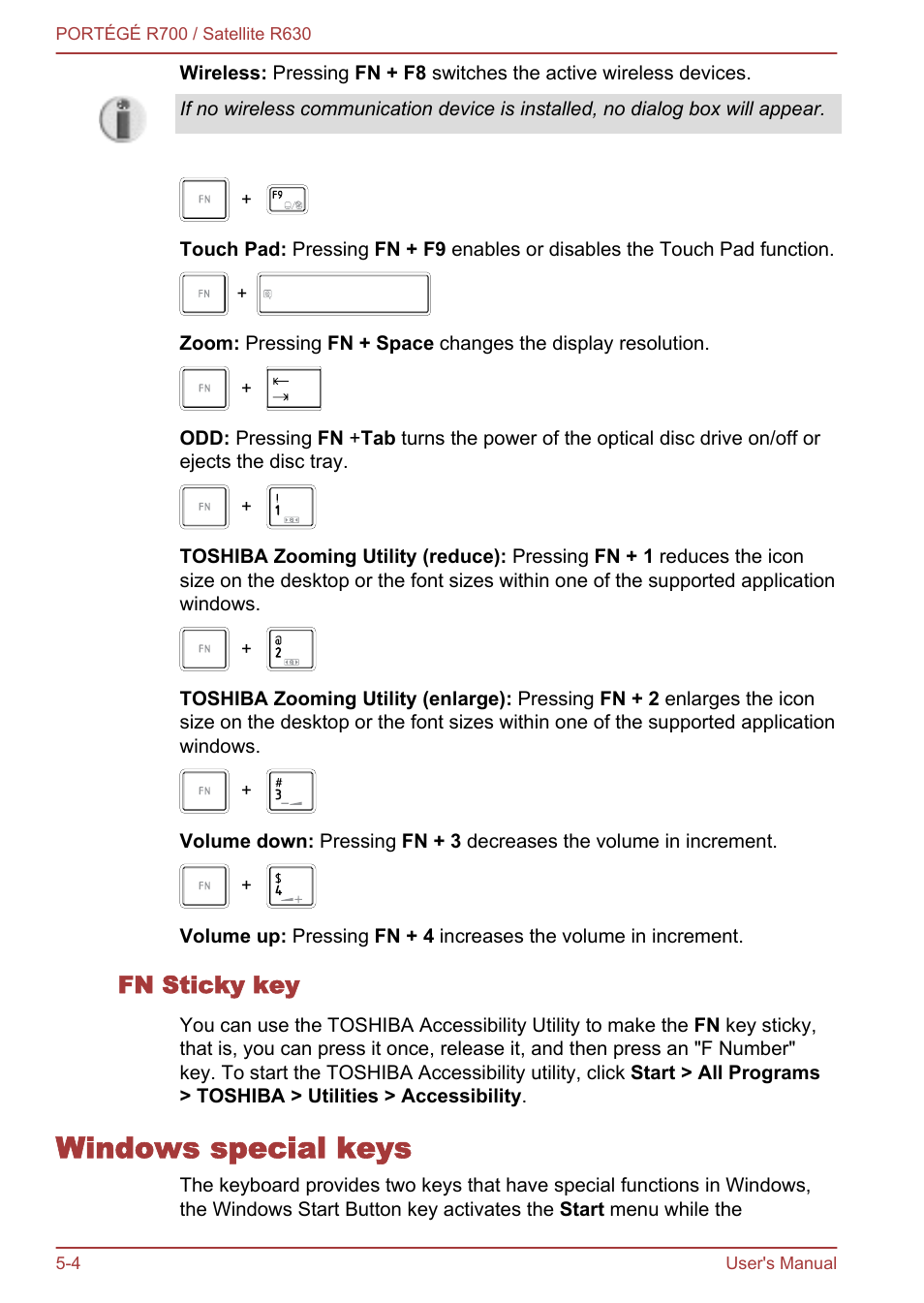 Fn sticky key, Windows special keys, Windows special keys -4 | Toshiba PORTEGE R700 User Manual | Page 126 / 191