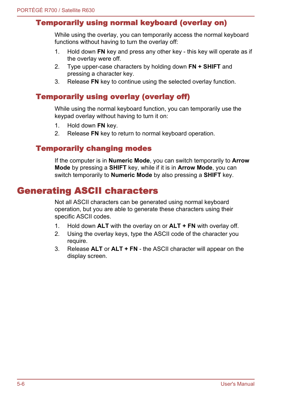 Temporarily using normal keyboard (overlay on), Temporarily using overlay (overlay off), Temporarily changing modes | Generating ascii characters, Generating ascii characters -6 | Toshiba PORTEGE R700 User Manual | Page 128 / 191