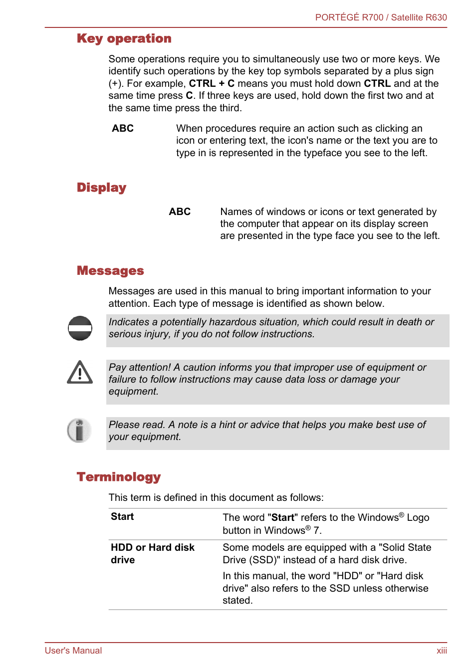 Key operation, Display, Messages | Terminology | Toshiba PORTEGE R700 User Manual | Page 13 / 191