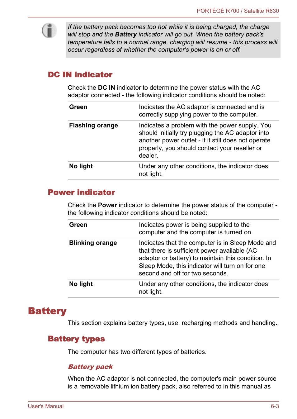 Dc in indicator, Power indicator, Battery | Battery types, Battery -3 | Toshiba PORTEGE R700 User Manual | Page 131 / 191