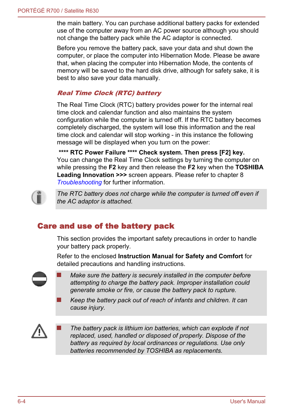 Care and use of the battery pack | Toshiba PORTEGE R700 User Manual | Page 132 / 191