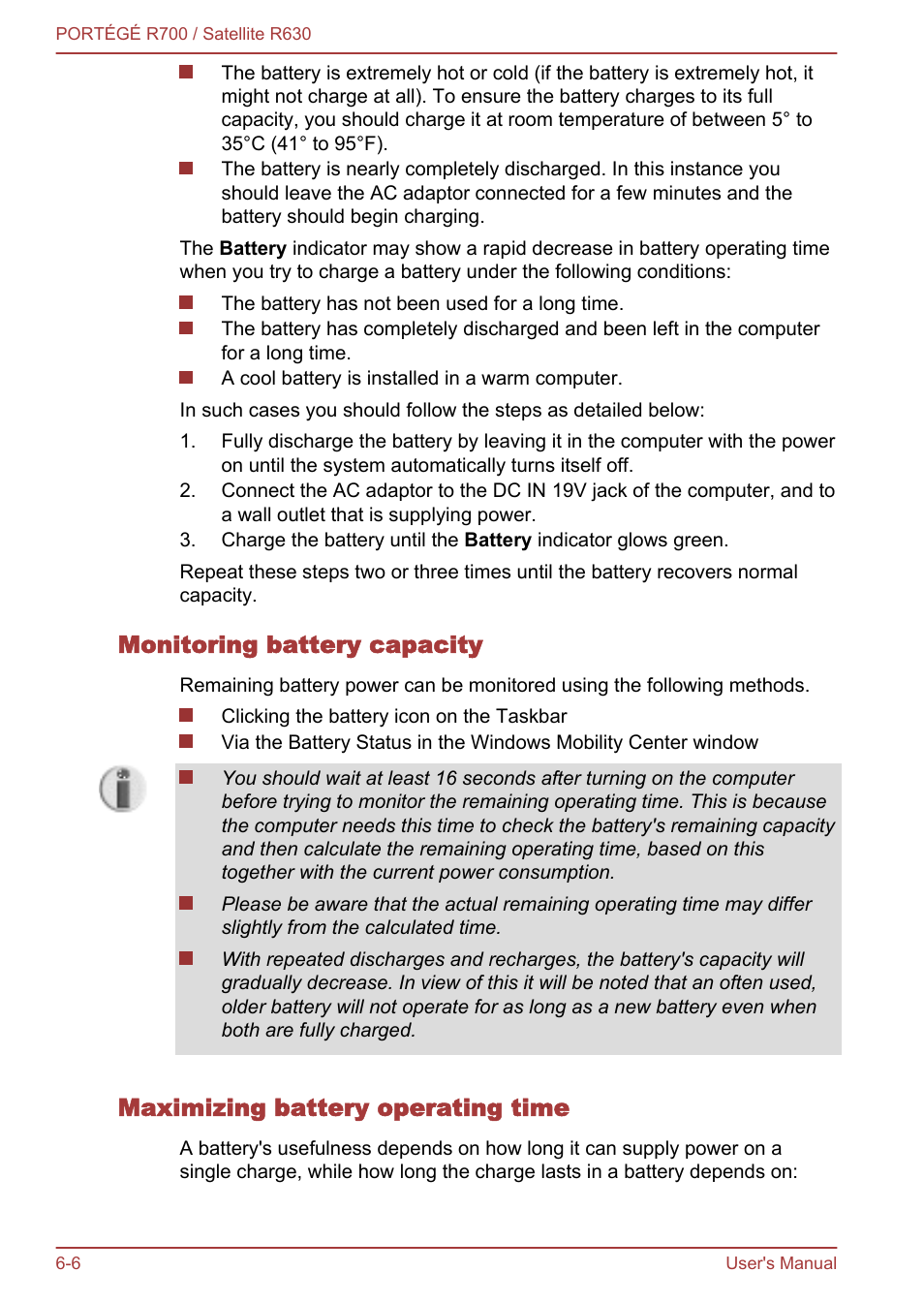 Monitoring battery capacity, Maximizing battery operating time | Toshiba PORTEGE R700 User Manual | Page 134 / 191