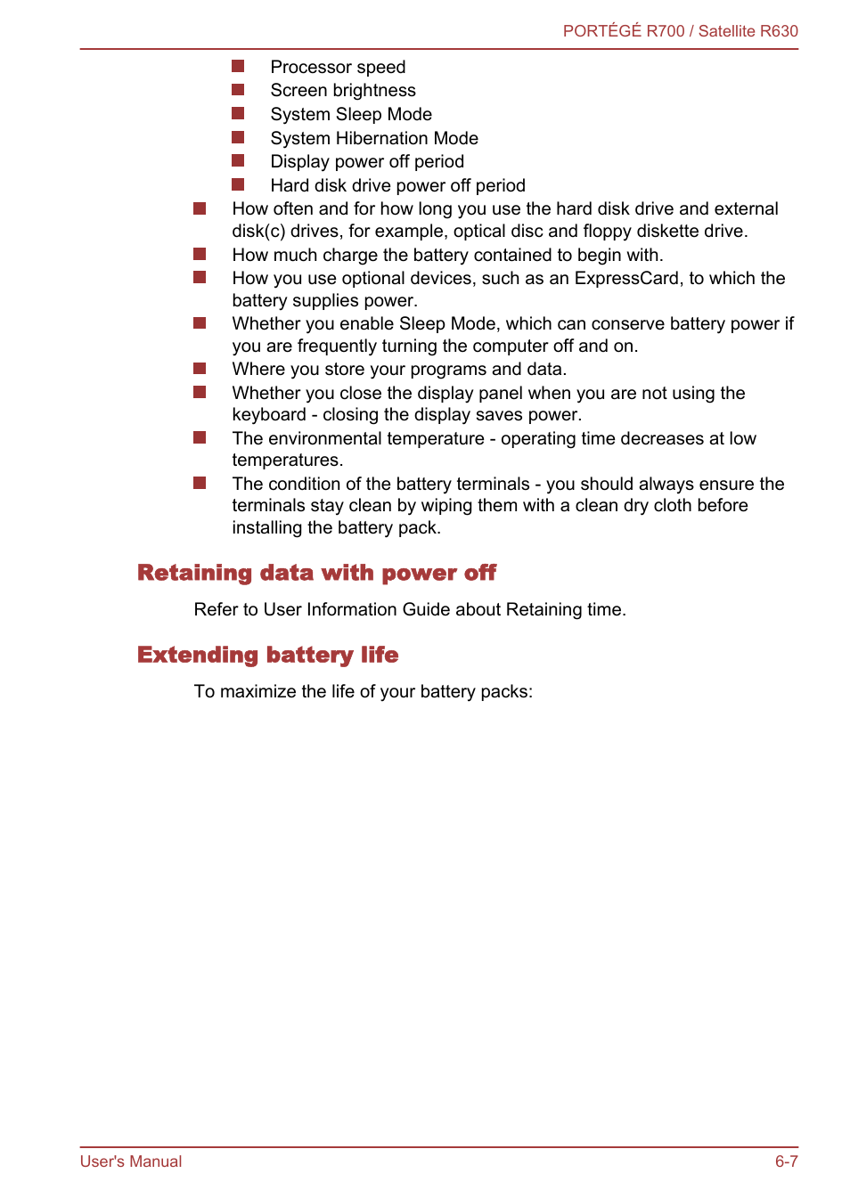 Retaining data with power off, Extending battery life | Toshiba PORTEGE R700 User Manual | Page 135 / 191