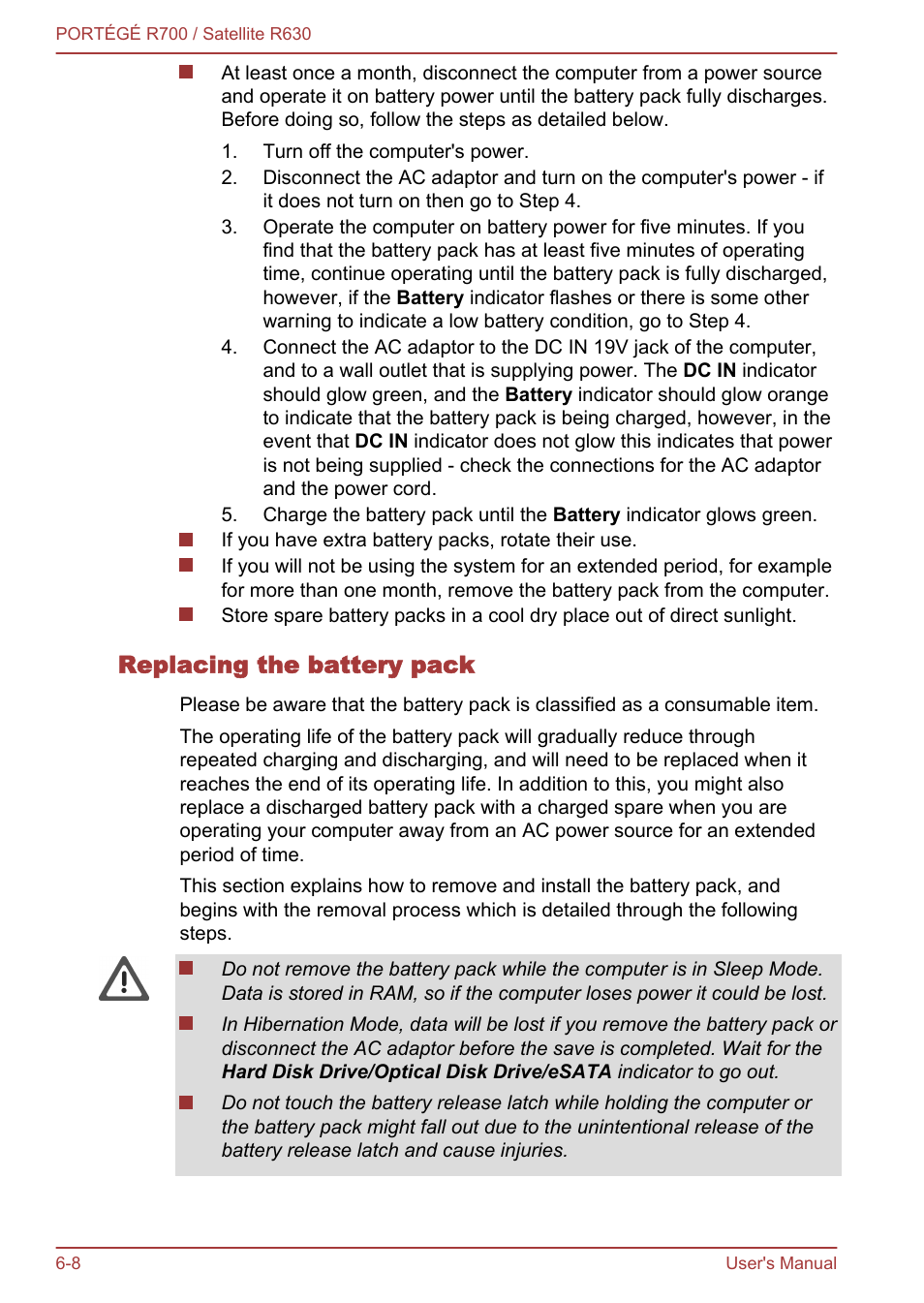 Replacing the battery pack, Section in chapter 6, power and power-up, Section in | Toshiba PORTEGE R700 User Manual | Page 136 / 191