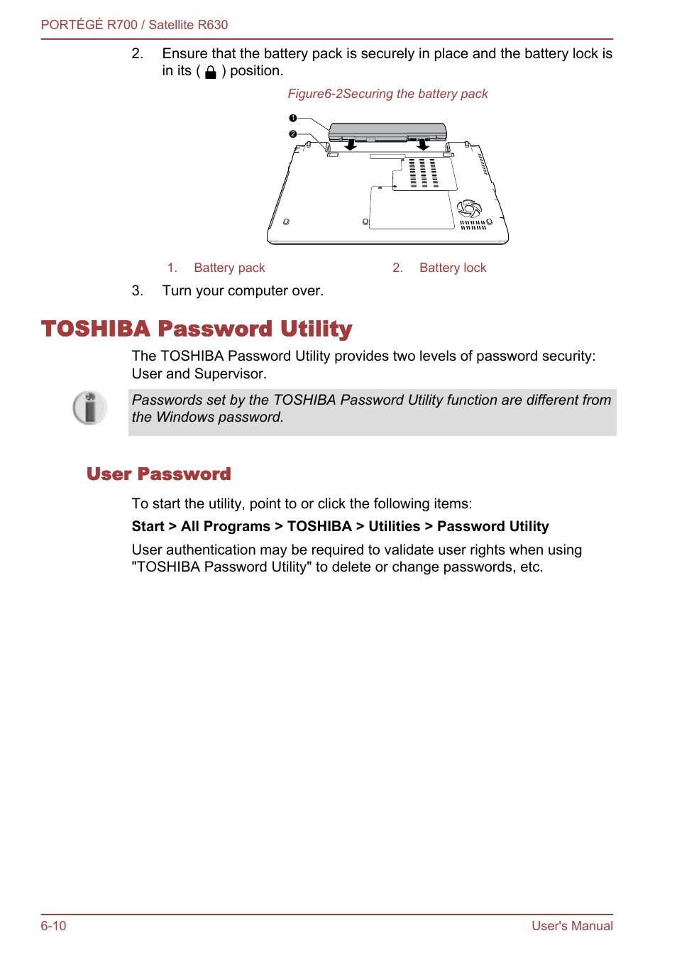 Toshiba password utility, User password, Toshiba password utility -10 | Toshiba PORTEGE R700 User Manual | Page 138 / 191