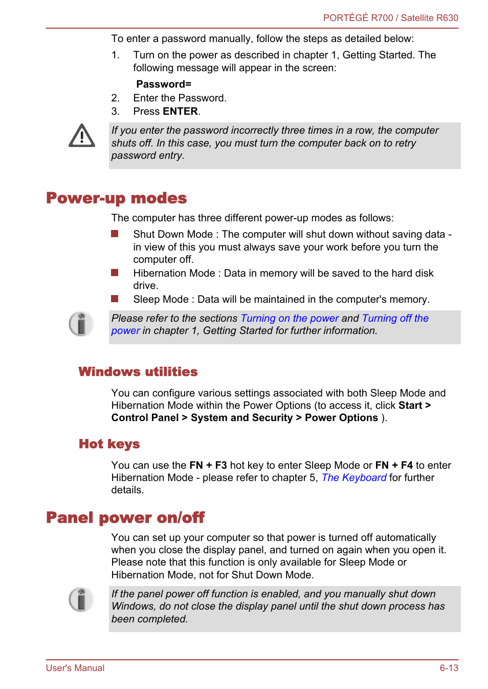 Power-up modes, Windows utilities, Hot keys | Panel power on/off, Power-up modes -13 panel power on/off -13 | Toshiba PORTEGE R700 User Manual | Page 141 / 191