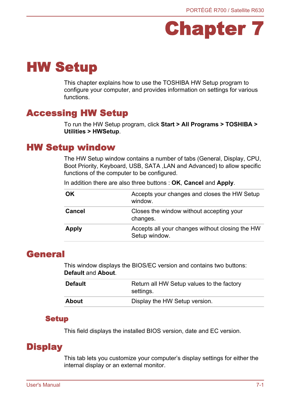 Chapter 7 hw setup, Accessing hw setup, Hw setup window | General, Setup, Display, Chapter 7, Hw setup, Section on chapter 7 | Toshiba PORTEGE R700 User Manual | Page 143 / 191