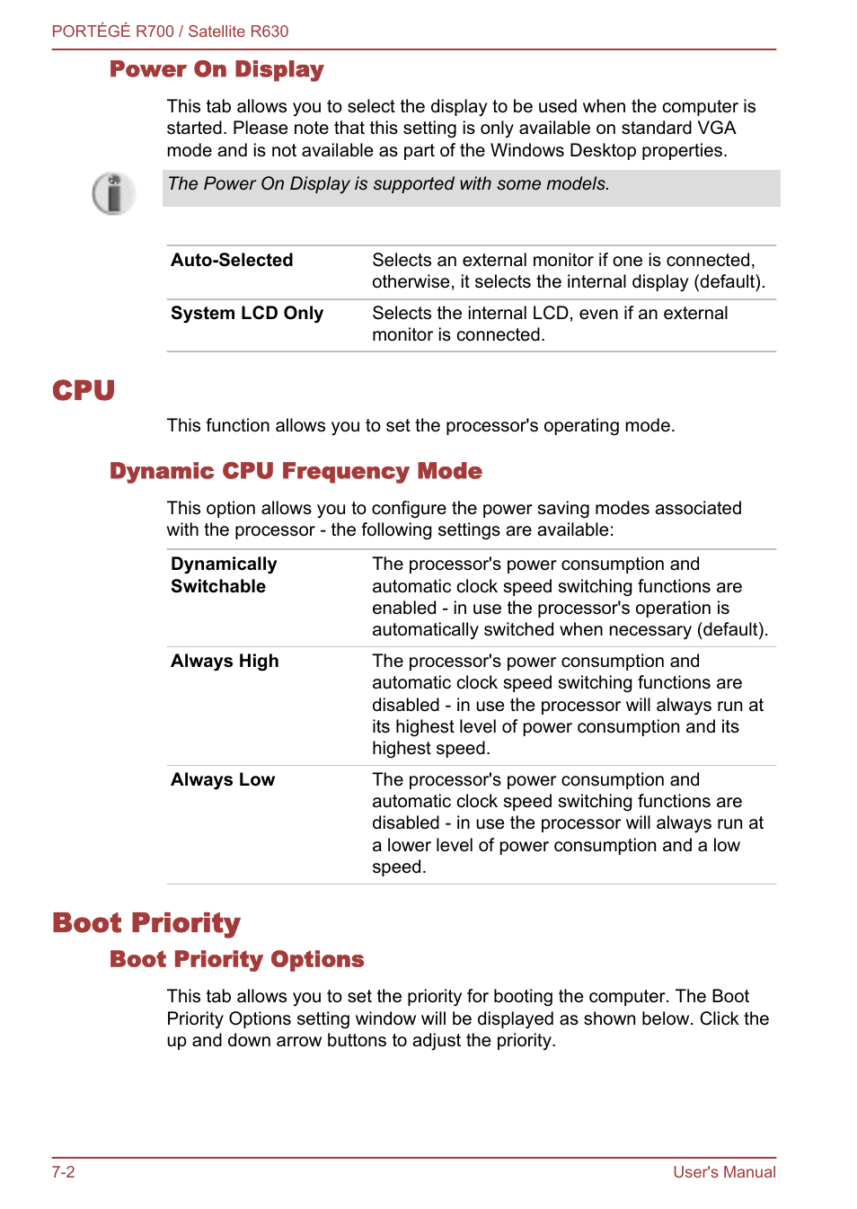 Power on display, Dynamic cpu frequency mode, Boot priority | Boot priority options, Cpu -2 boot priority -2, Section in chapter 7, hw setup | Toshiba PORTEGE R700 User Manual | Page 144 / 191