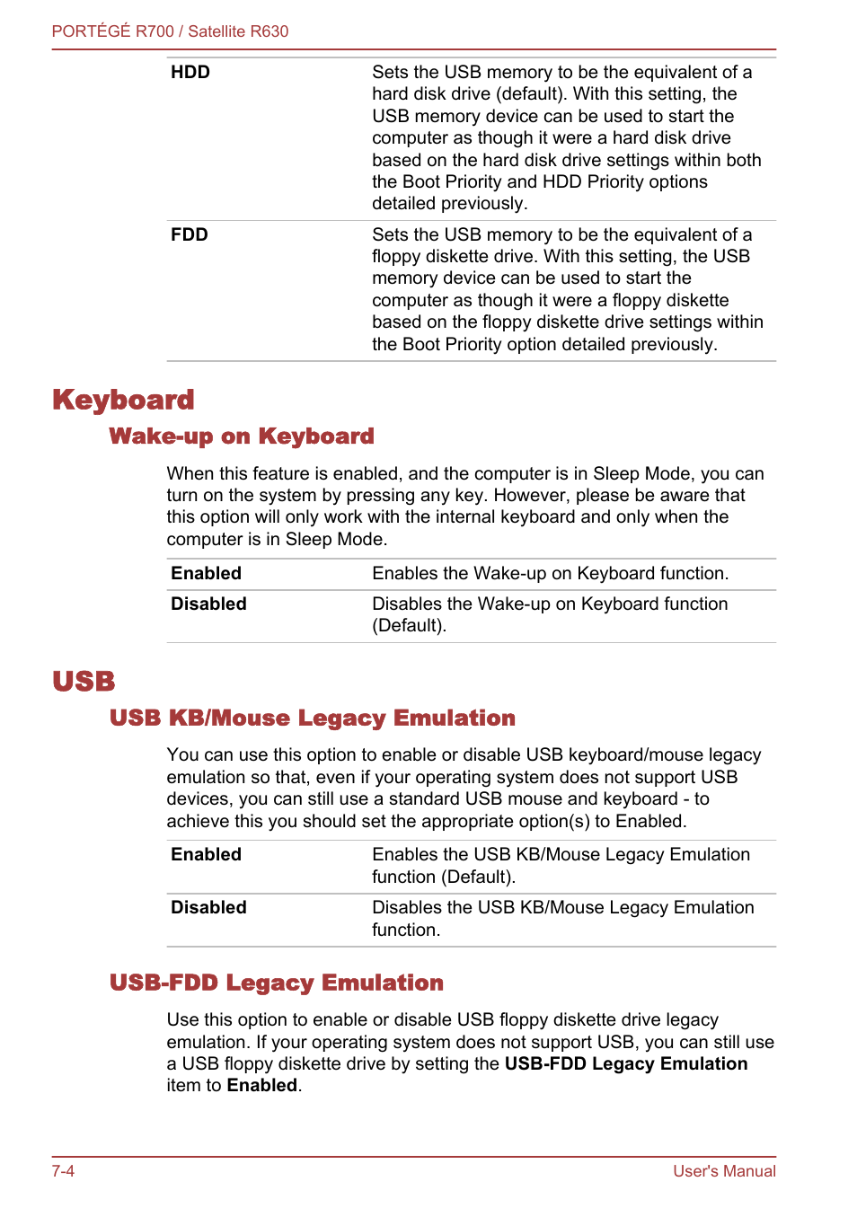 Keyboard, Wake-up on keyboard, Usb kb/mouse legacy emulation | Usb-fdd legacy emulation, Keyboard -4 usb -4 | Toshiba PORTEGE R700 User Manual | Page 146 / 191