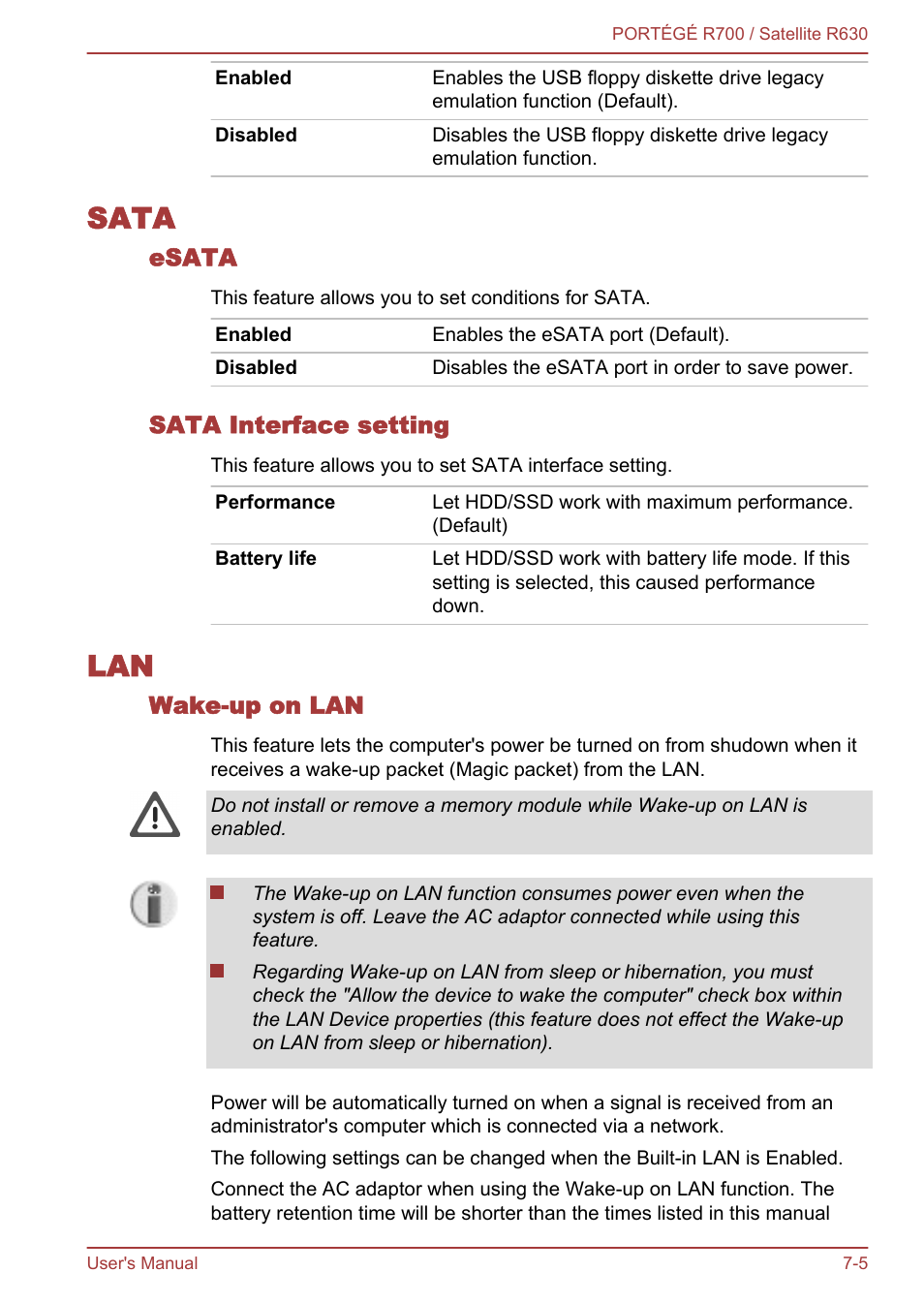 Sata, Esata, Sata interface setting | Wake-up on lan, Sata -5, Lan -5 | Toshiba PORTEGE R700 User Manual | Page 147 / 191