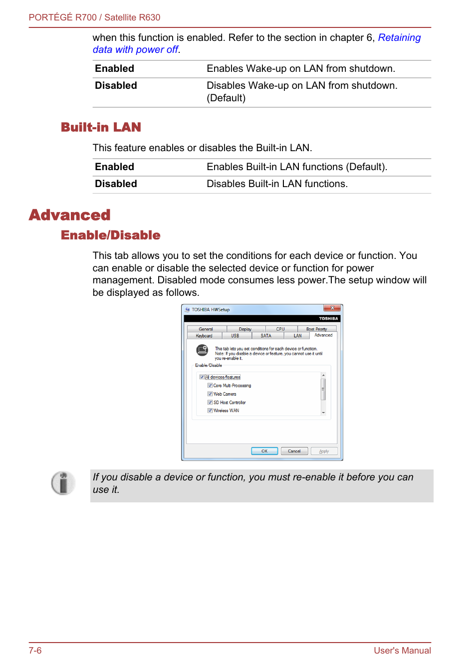 Built-in lan, Advanced, Enable/disable | Advanced -6 | Toshiba PORTEGE R700 User Manual | Page 148 / 191
