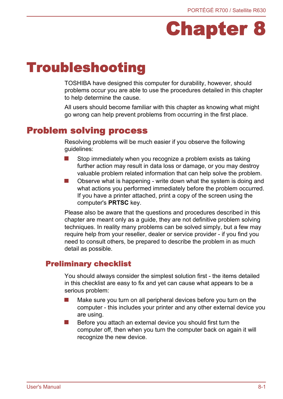 Chapter 8 troubleshooting, Problem solving process, Preliminary checklist | Chapter 8, Troubleshooting, Problem solving process -1 | Toshiba PORTEGE R700 User Manual | Page 149 / 191