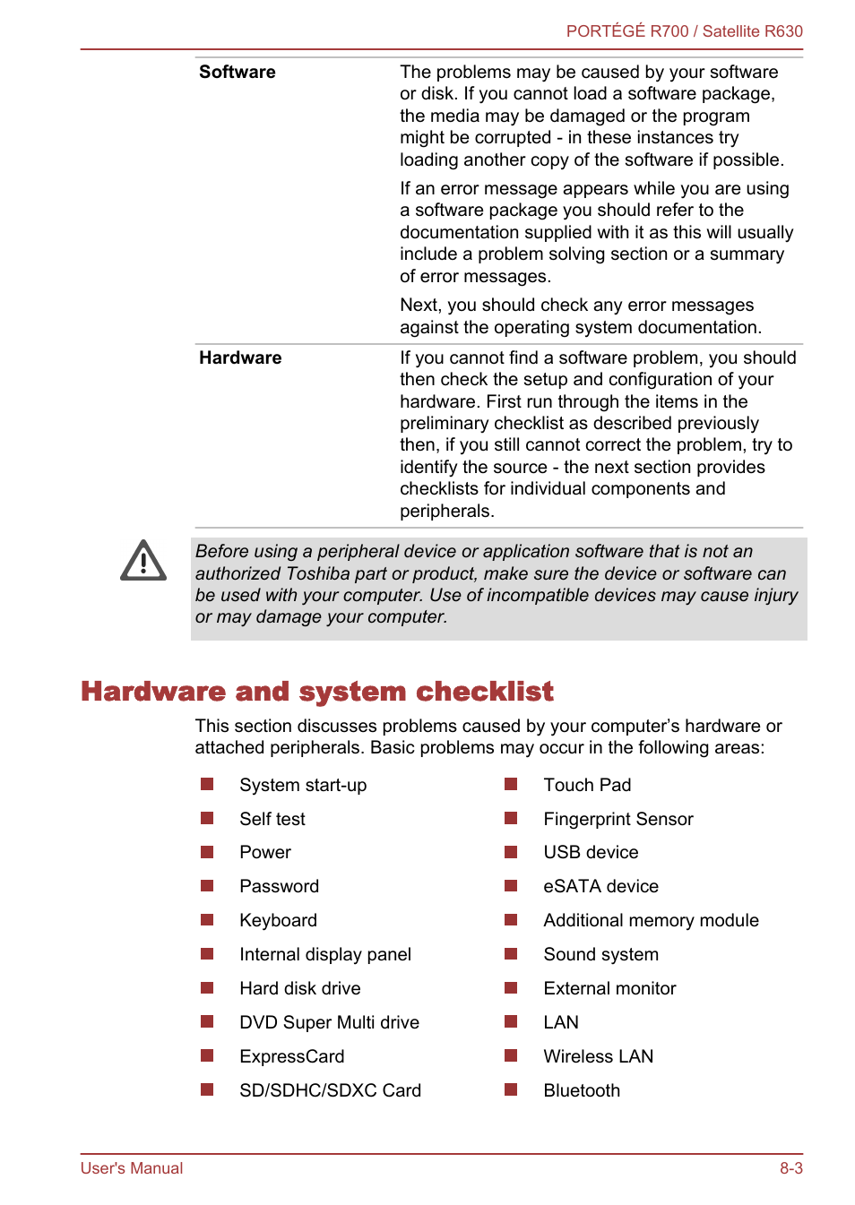 Hardware and system checklist, Hardware and system checklist -3 | Toshiba PORTEGE R700 User Manual | Page 151 / 191