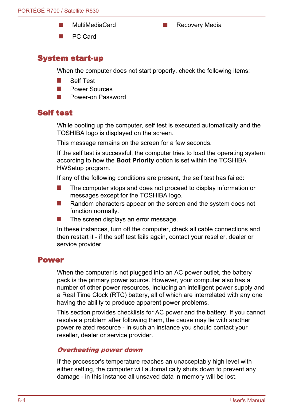 System start-up, Self test, Power | Toshiba PORTEGE R700 User Manual | Page 152 / 191