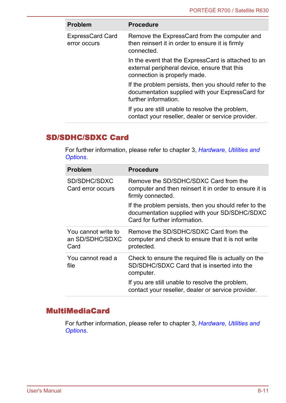 Sd/sdhc/sdxc card, Multimediacard | Toshiba PORTEGE R700 User Manual | Page 159 / 191