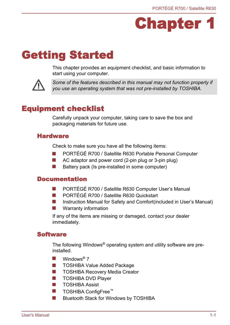 Chapter 1 getting started, Equipment checklist, Hardware | Documentation, Software, Chapter 1, Getting started, Equipment checklist -1, And chapter 3, Getting | Toshiba PORTEGE R700 User Manual | Page 16 / 191