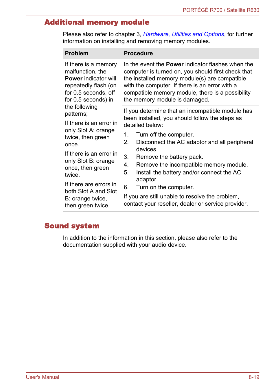 Additional memory module, Sound system | Toshiba PORTEGE R700 User Manual | Page 167 / 191