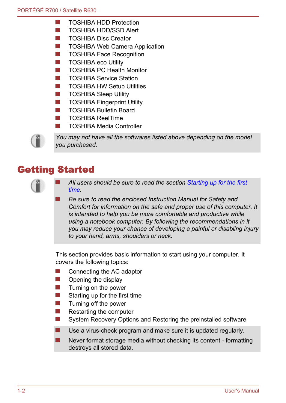 Getting started, Getting started -2 | Toshiba PORTEGE R700 User Manual | Page 17 / 191