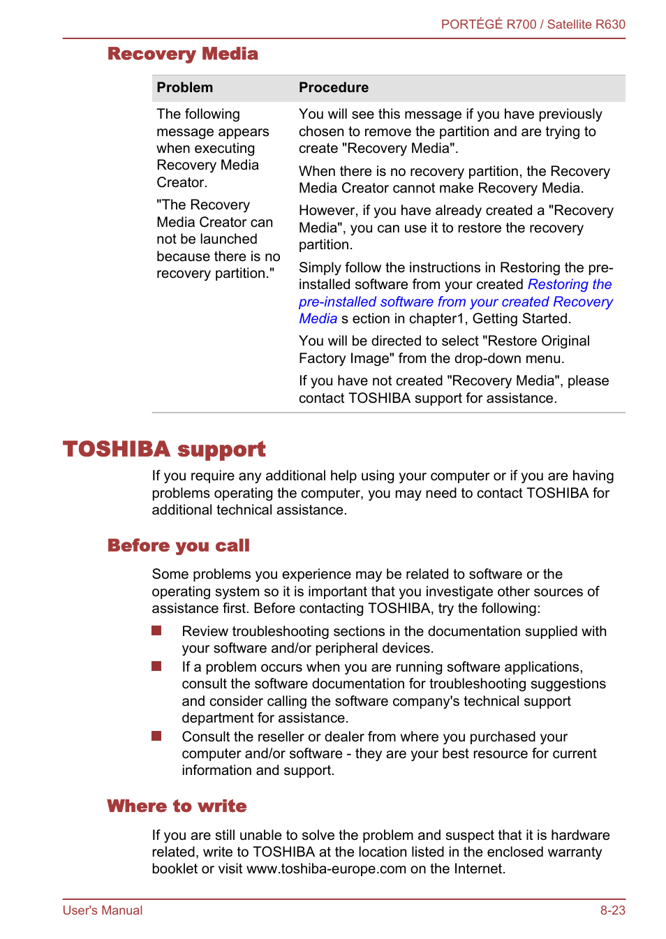 Recovery media, Toshiba support, Before you call | Where to write, Toshiba support -23 | Toshiba PORTEGE R700 User Manual | Page 171 / 191