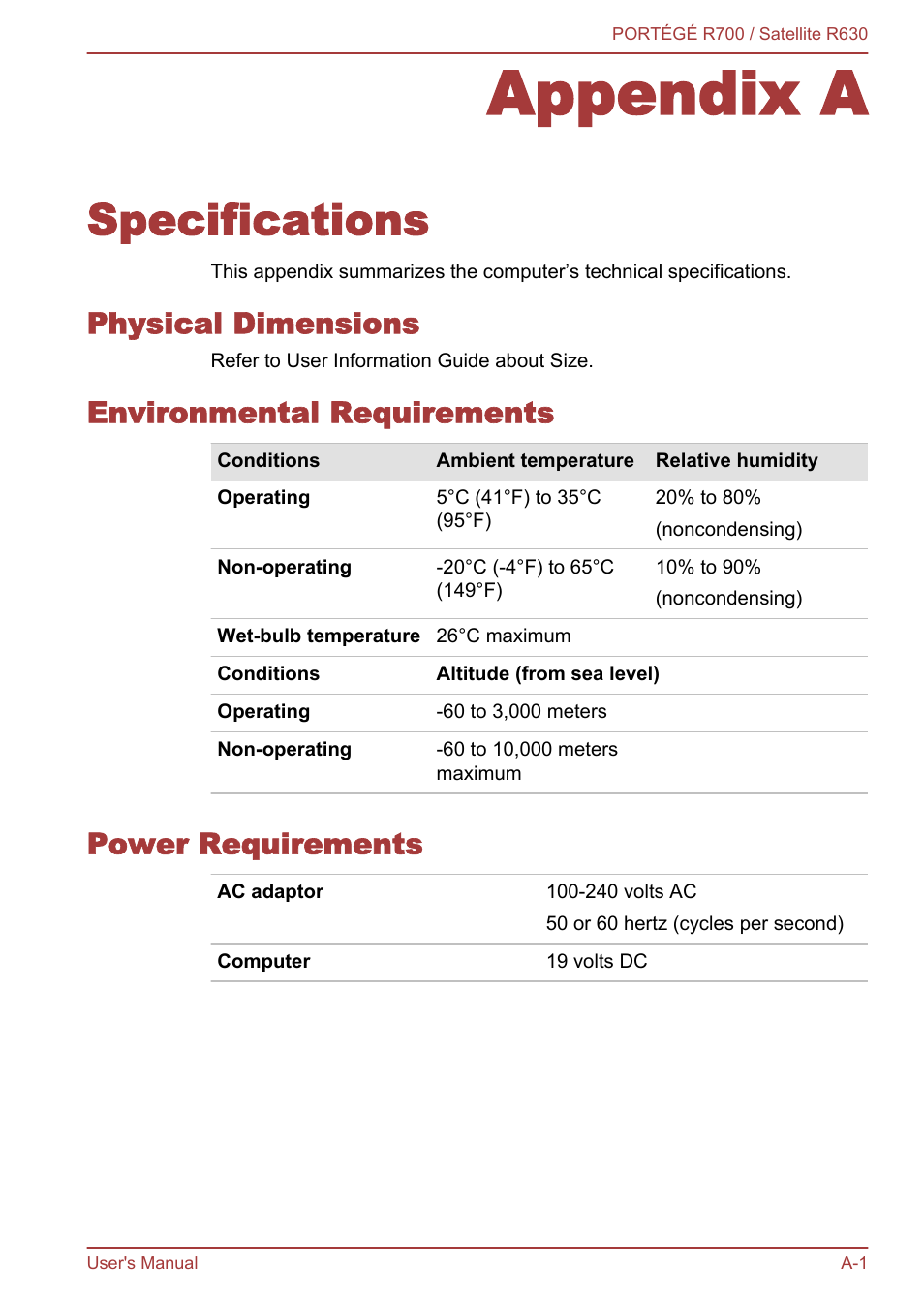 Appendix a specifications, Physical dimensions, Environmental requirements | Power requirements, Appendix a, Specifications | Toshiba PORTEGE R700 User Manual | Page 172 / 191