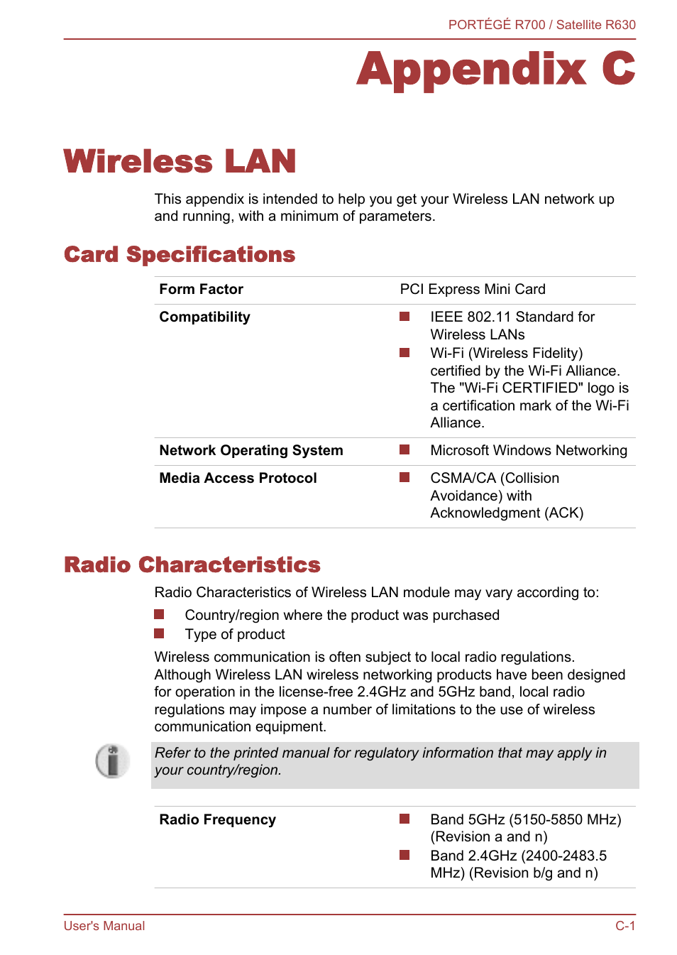 Appendix c wireless lan, Card specifications, Radio characteristics | Appendix c, Wireless lan | Toshiba PORTEGE R700 User Manual | Page 174 / 191