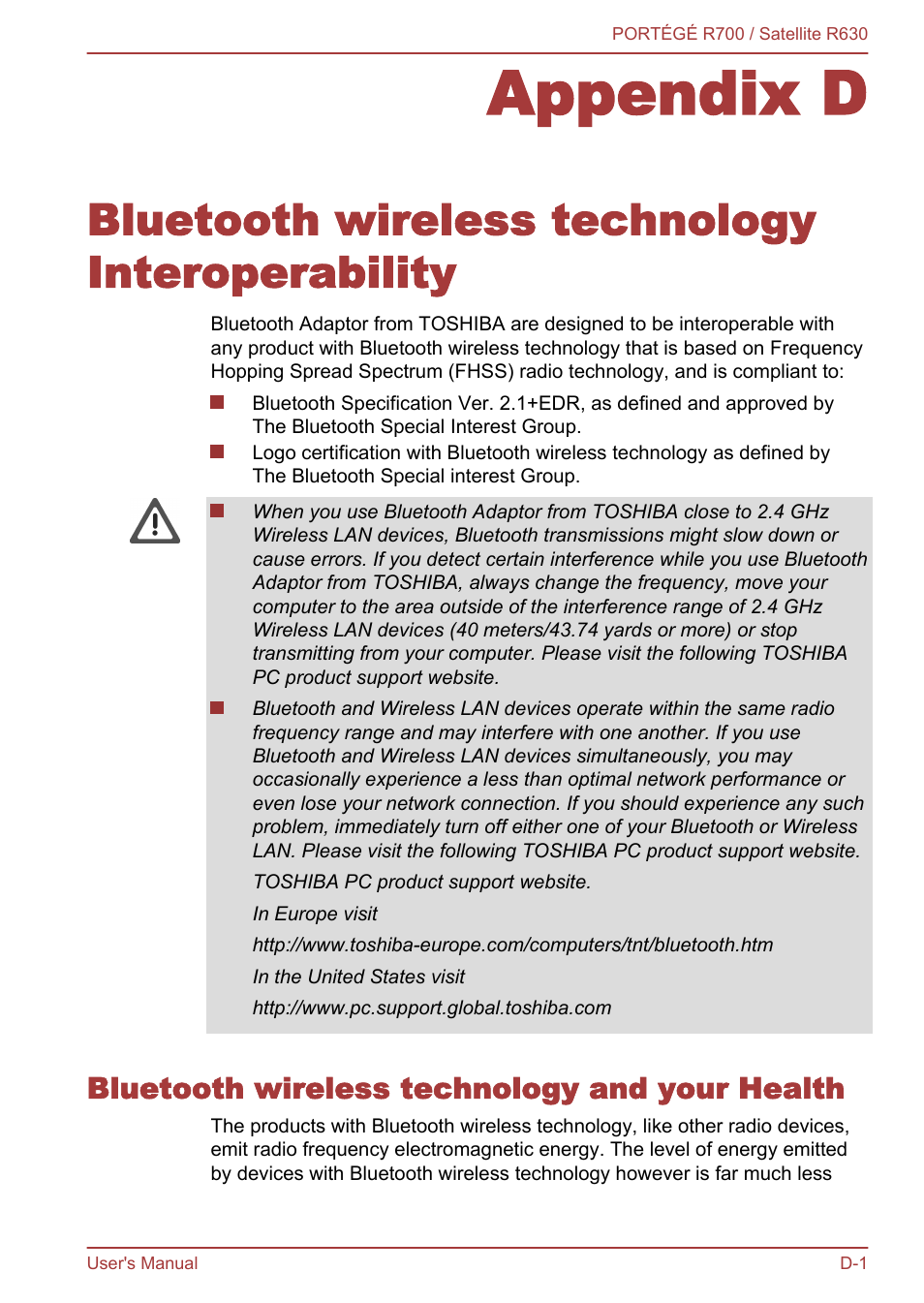 Bluetooth wireless technology and your health, Appendix d, Bluetooth wireless technology interoperability | Toshiba PORTEGE R700 User Manual | Page 178 / 191
