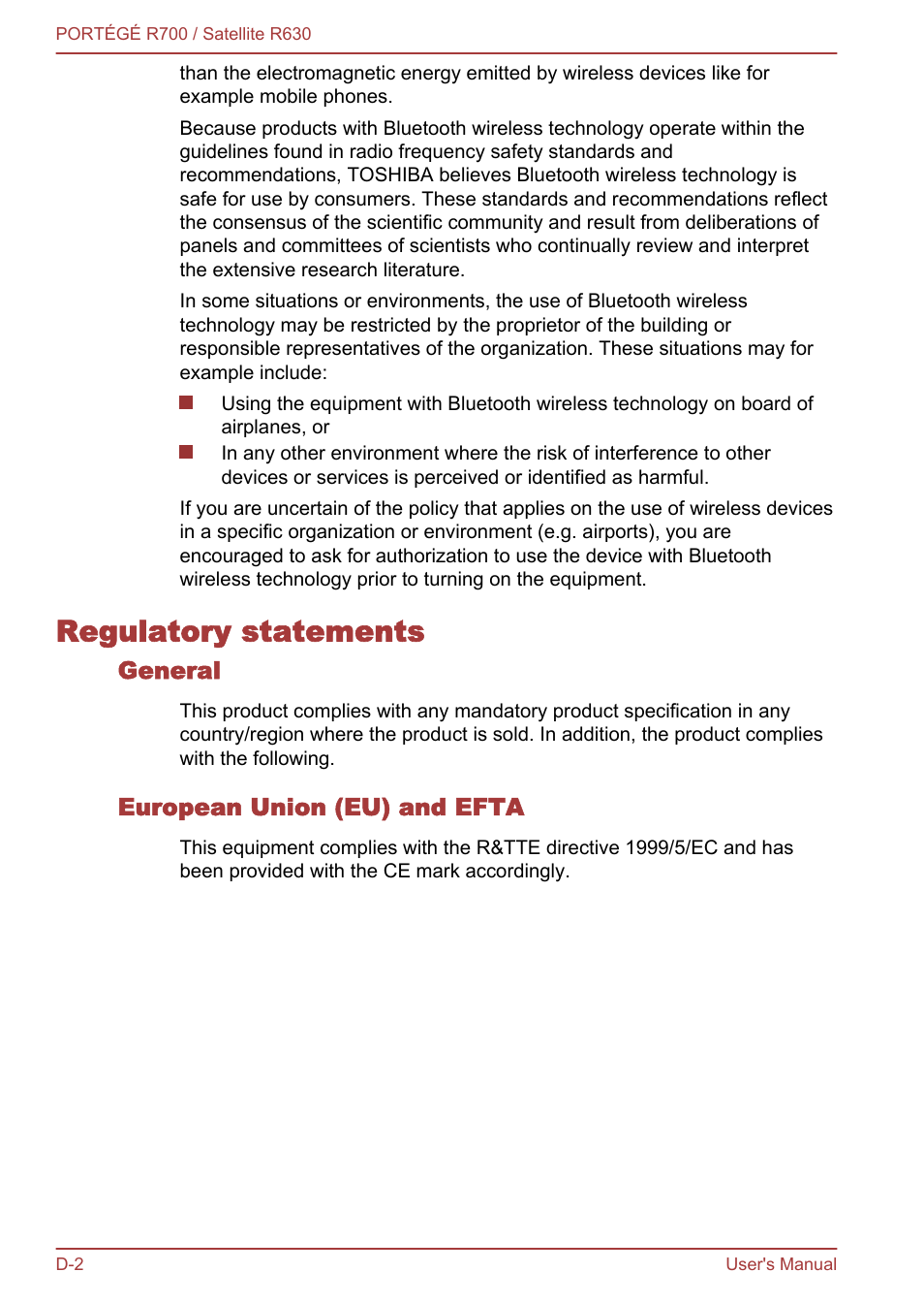 Regulatory statements, General, European union (eu) and efta | Toshiba PORTEGE R700 User Manual | Page 179 / 191