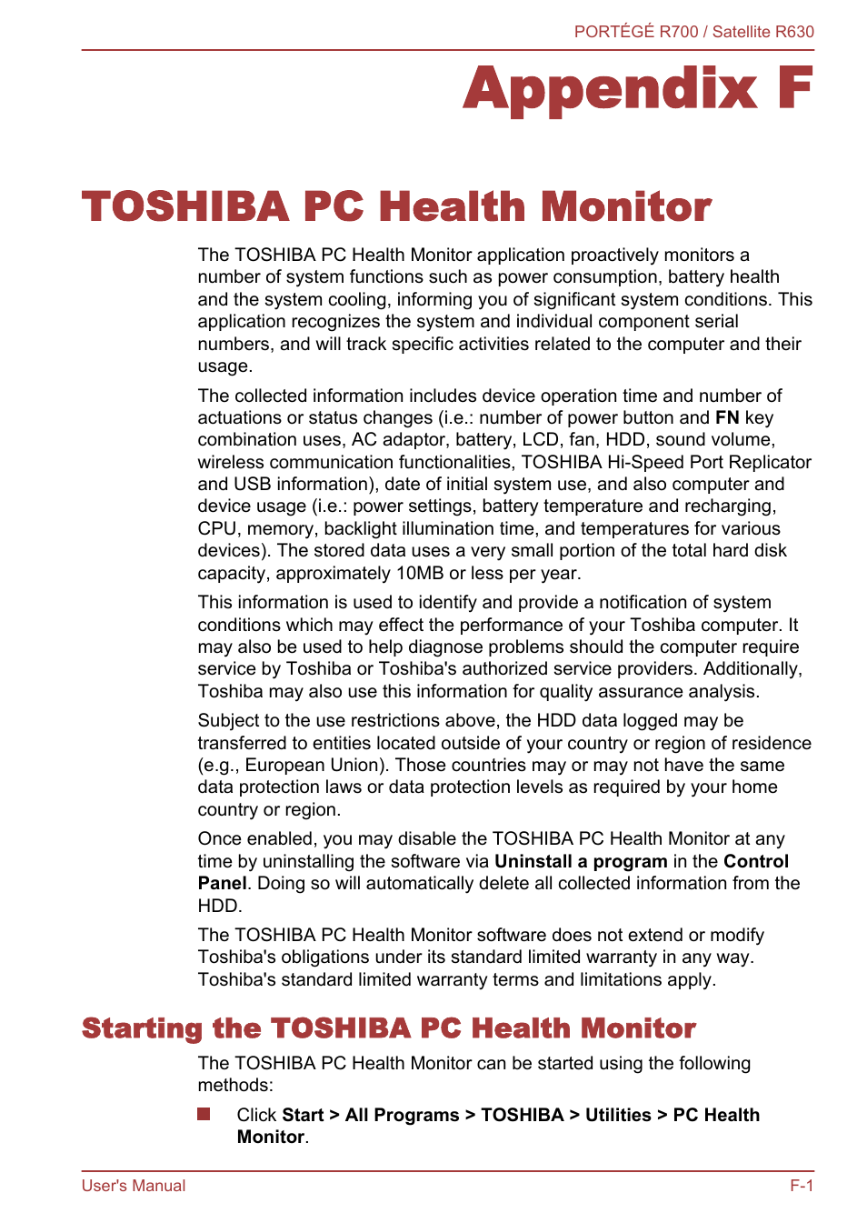 Appendix f toshiba pc health monitor, Starting the toshiba pc health monitor, Appendix f | Toshiba pc health monitor, Toshiba pc health, Monitor | Toshiba PORTEGE R700 User Manual | Page 182 / 191