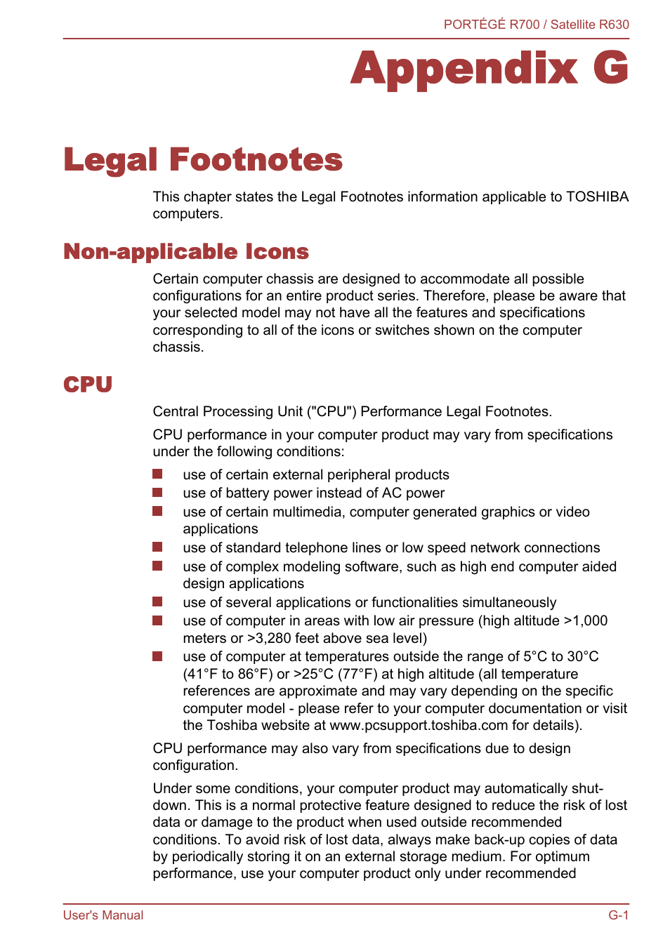 Appendix g legal footnotes, Non-applicable icons, Appendix g | Legal footnotes | Toshiba PORTEGE R700 User Manual | Page 184 / 191