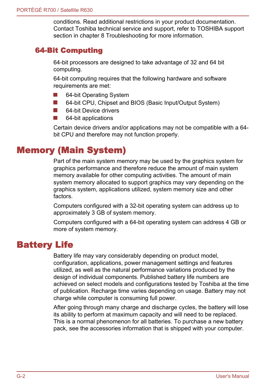 Bit computing, Memory (main system), Battery life | Toshiba PORTEGE R700 User Manual | Page 185 / 191