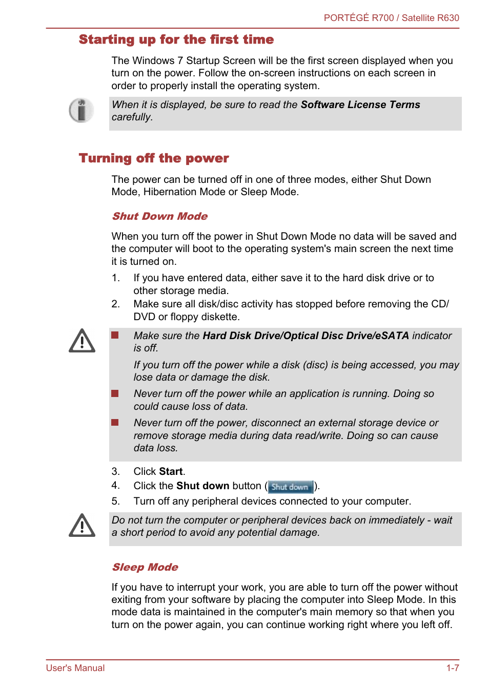 Starting up for the first time, Turning off the power, Starting | Up for the first time | Toshiba PORTEGE R700 User Manual | Page 22 / 191