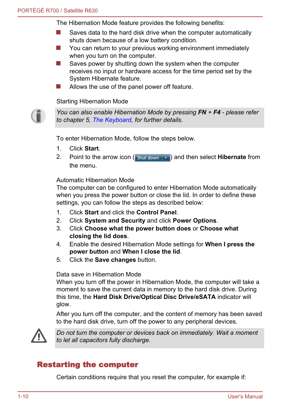 Restarting the computer | Toshiba PORTEGE R700 User Manual | Page 25 / 191