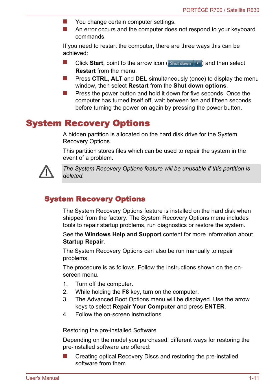 System recovery options, Creating optical recovery discs, System recovery options -11 -11 | Toshiba PORTEGE R700 User Manual | Page 26 / 191