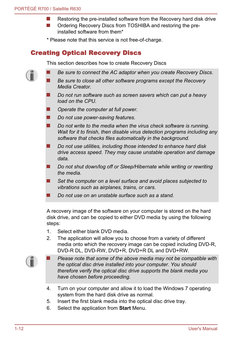 Creating optical recovery discs | Toshiba PORTEGE R700 User Manual | Page 27 / 191