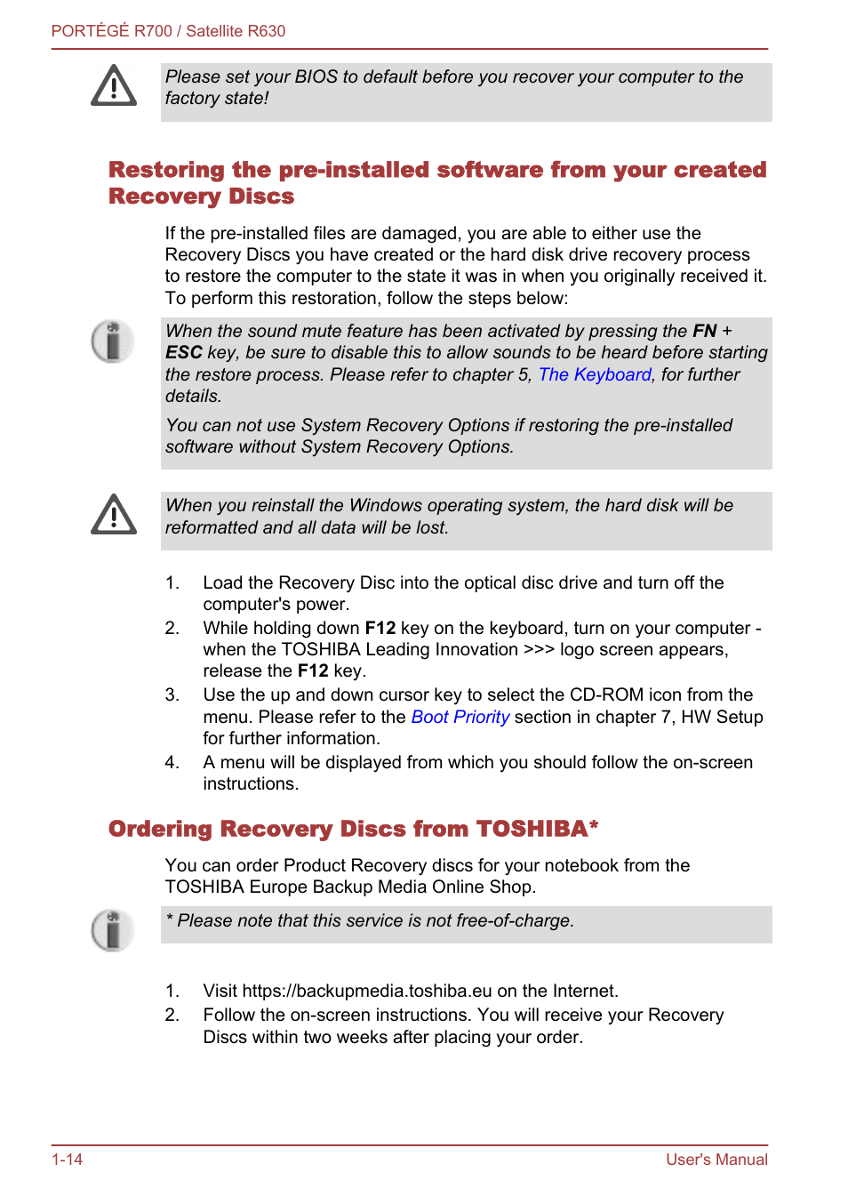 Ordering recovery discs from toshiba | Toshiba PORTEGE R700 User Manual | Page 29 / 191