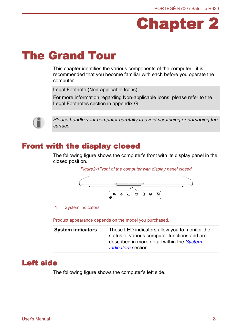 Chapter 2 the grand tour, Front with the display closed, Left side | Chapter 2, The grand tour, Front with the display closed -1 left side -1 | Toshiba PORTEGE R700 User Manual | Page 30 / 191