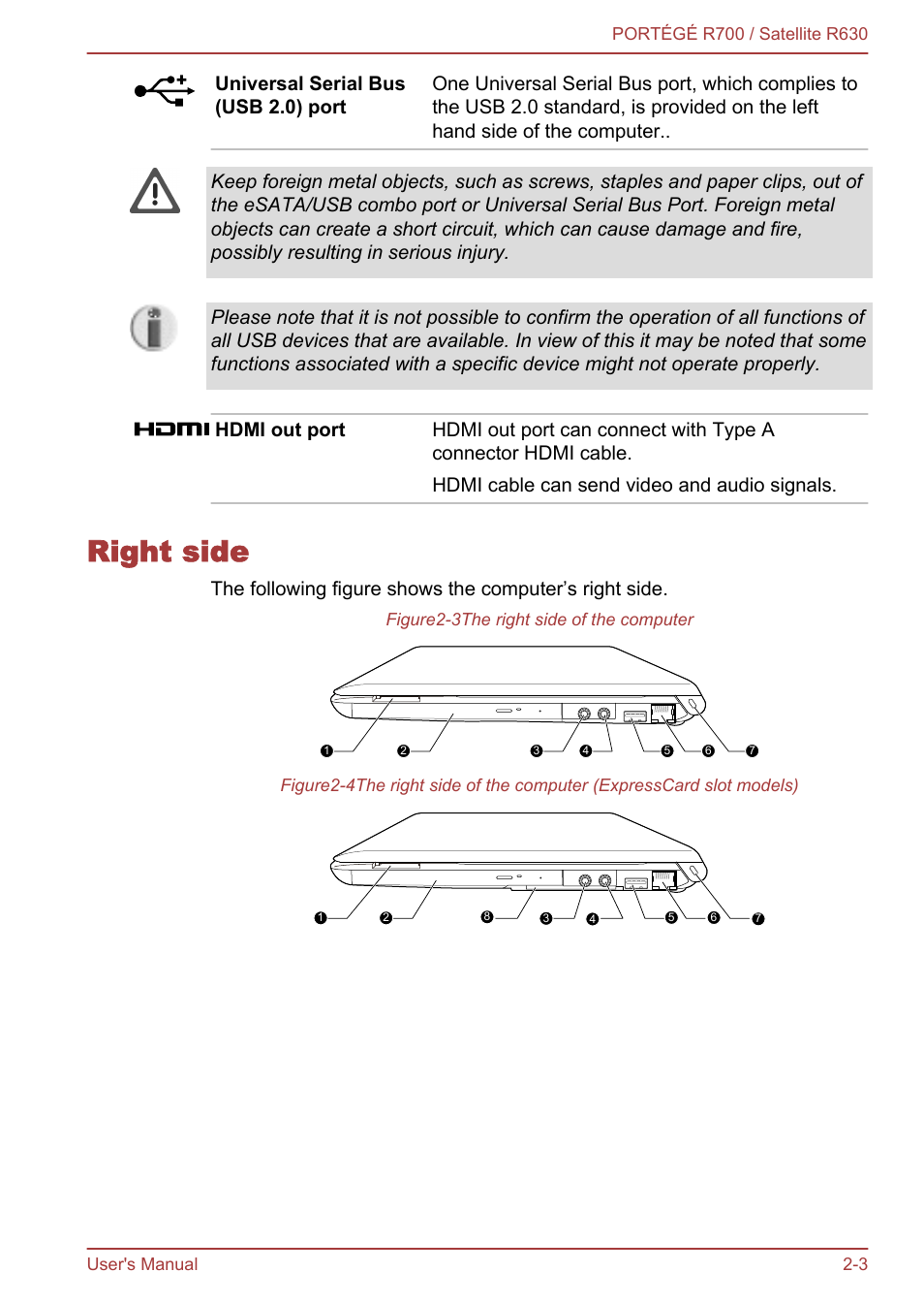 Right side, Right side -3 | Toshiba PORTEGE R700 User Manual | Page 32 / 191