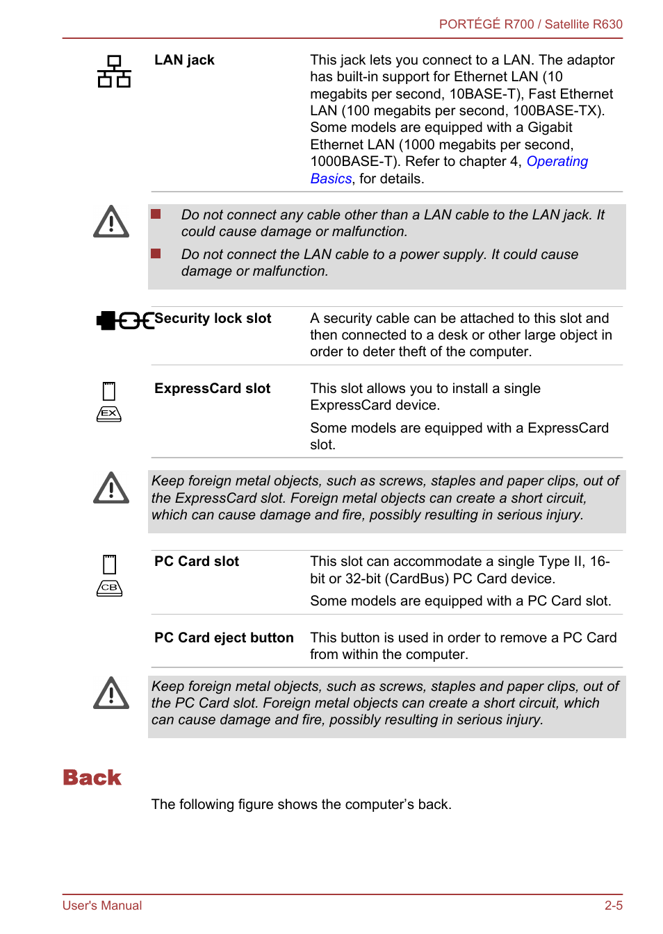 Back, Back -5 | Toshiba PORTEGE R700 User Manual | Page 34 / 191