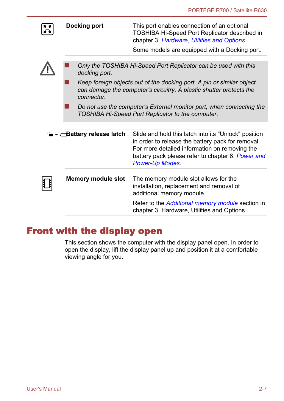 Front with the display open, Front with the display open -7 | Toshiba PORTEGE R700 User Manual | Page 36 / 191