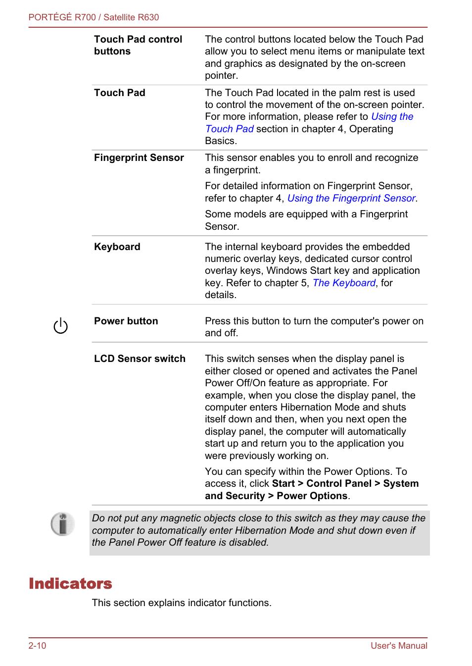 Indicators, Indicators -10 | Toshiba PORTEGE R700 User Manual | Page 39 / 191