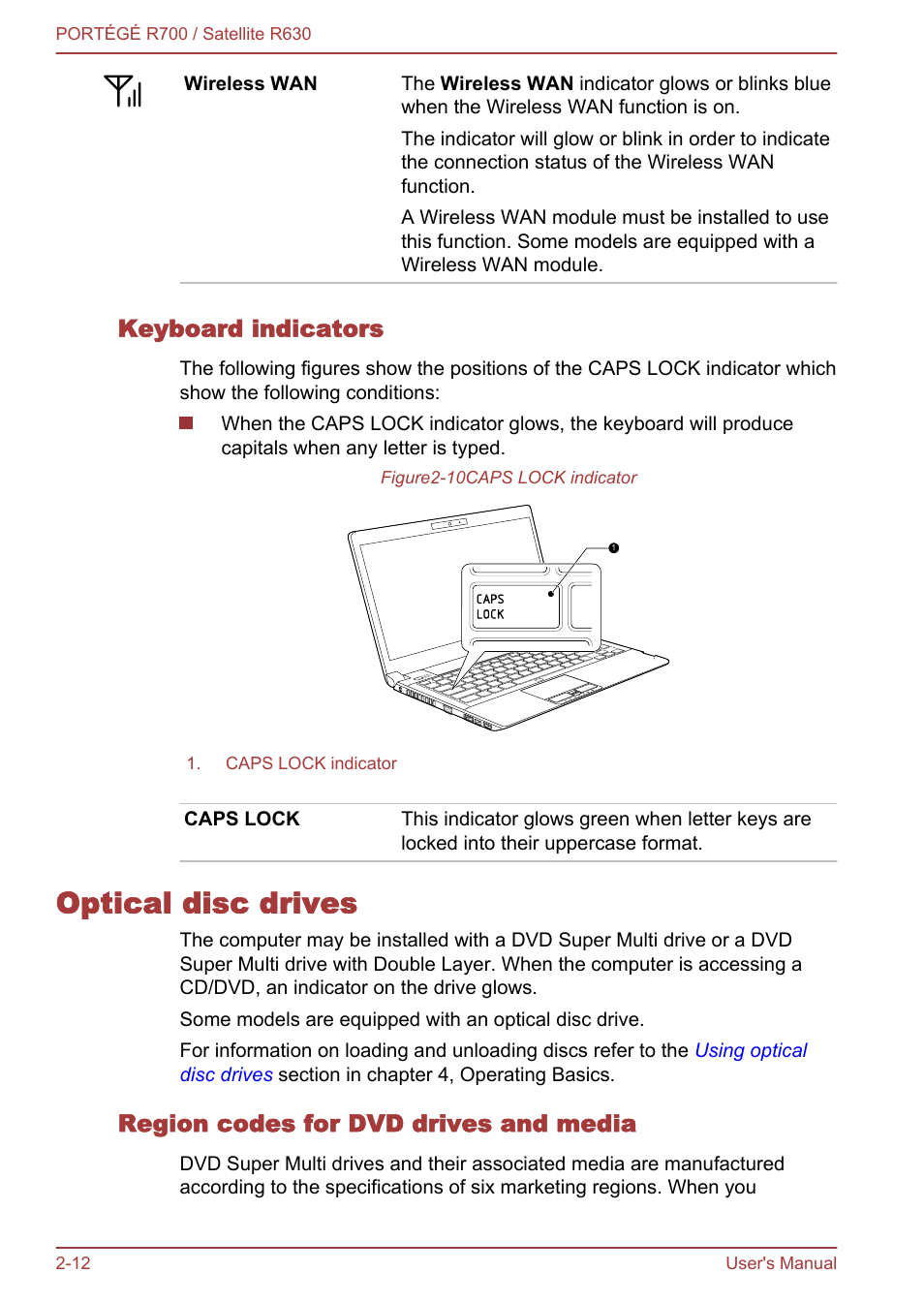 Keyboard indicators, Optical disc drives, Region codes for dvd drives and media | Optical disc drives -12 | Toshiba PORTEGE R700 User Manual | Page 41 / 191