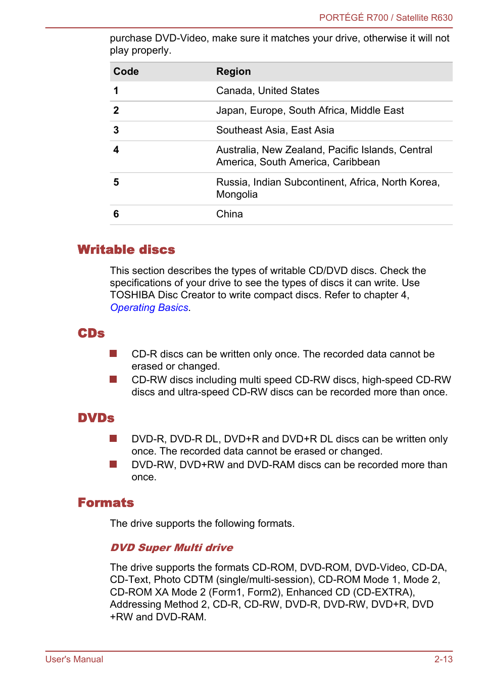 Writable discs, Dvds, Formats | Toshiba PORTEGE R700 User Manual | Page 42 / 191