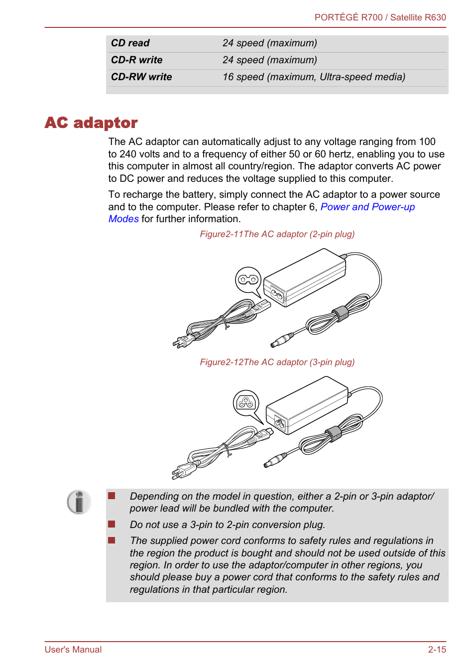 Ac adaptor, Ac adaptor -15 | Toshiba PORTEGE R700 User Manual | Page 44 / 191