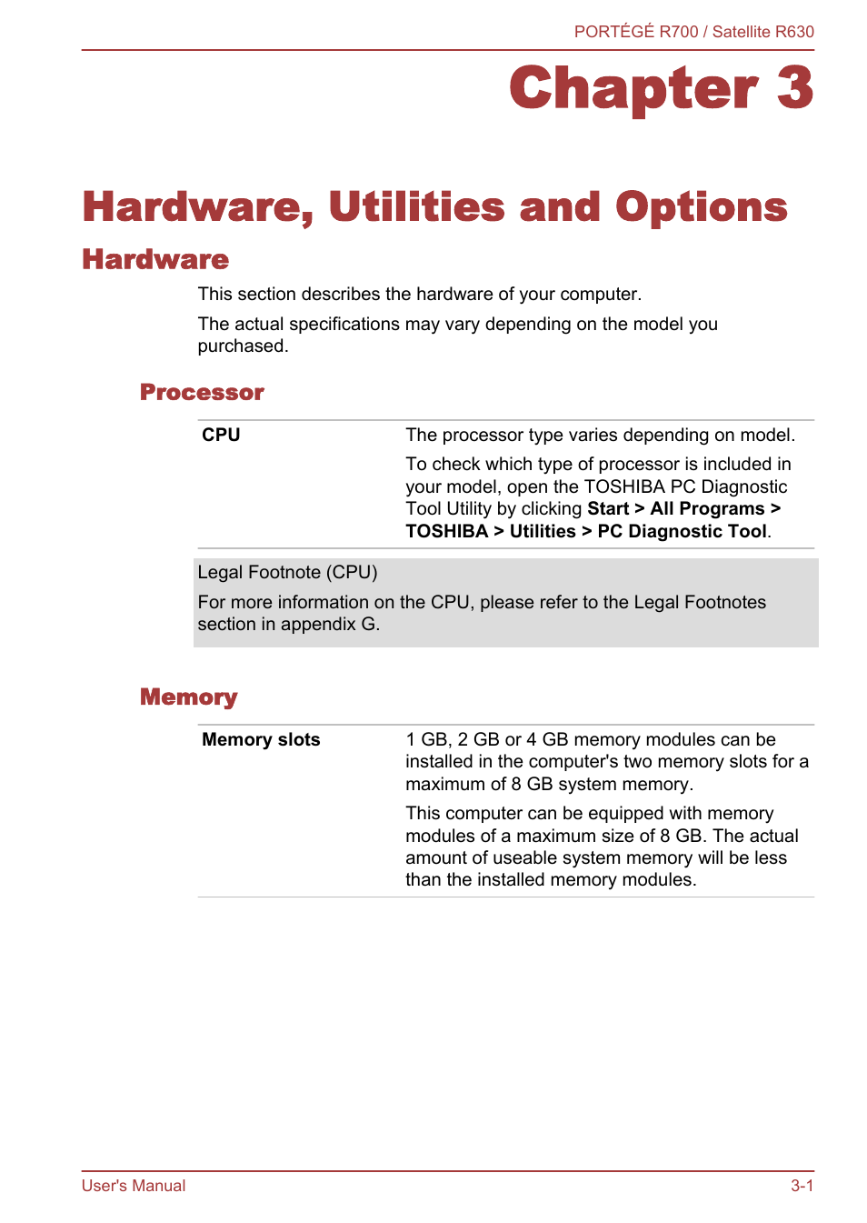 Chapter 3 hardware, utilities and options, Hardware, Processor | Memory, Chapter 3, Hardware, utilities and options, Hardware -1, Utilities and options, Read chapter 3, If connecting optional | Toshiba PORTEGE R700 User Manual | Page 46 / 191