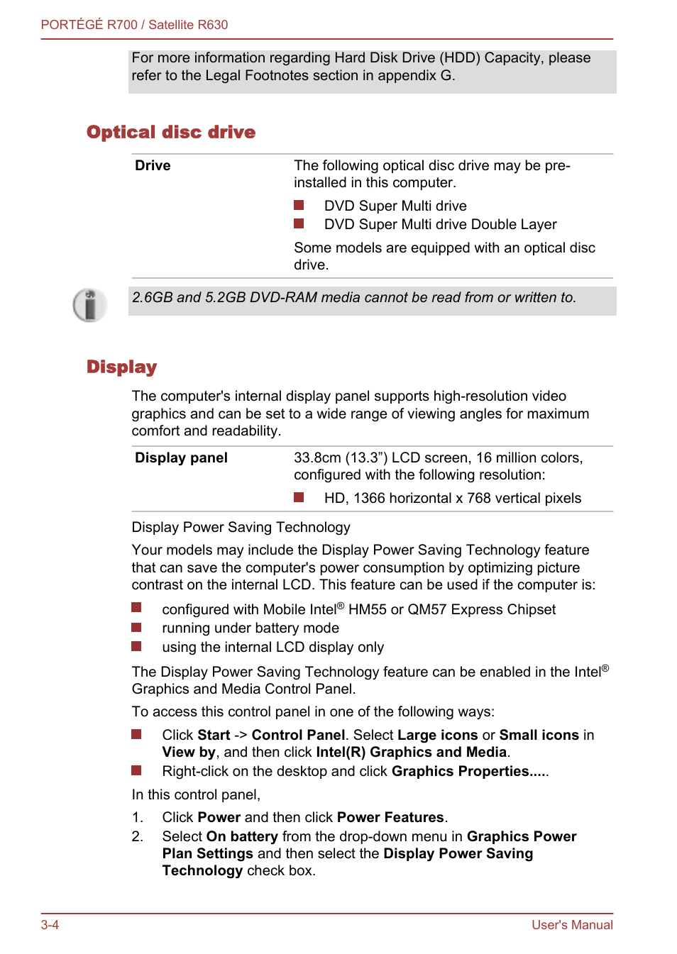 Optical disc drive, Display | Toshiba PORTEGE R700 User Manual | Page 49 / 191