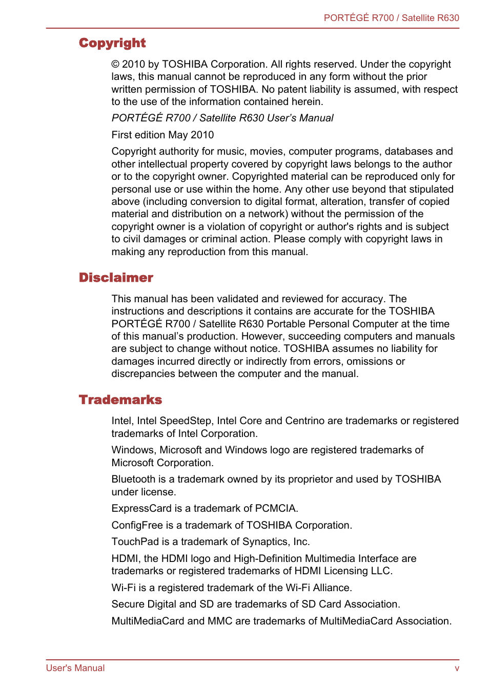 Toshiba PORTEGE R700 User Manual | Page 5 / 191